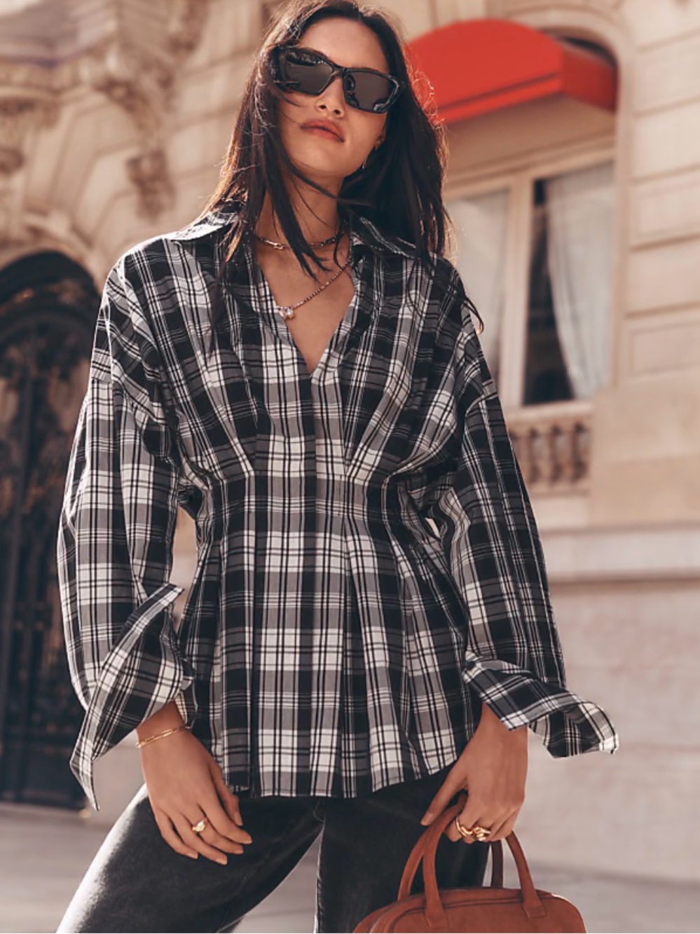 LOFT Black & White Plaid Button-Front Peplum Shirt